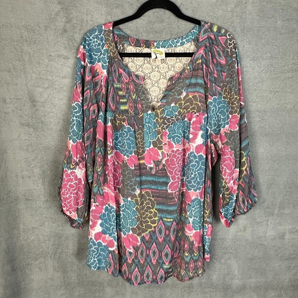 Fig And Flowers Top Womens 3X Pink Floral Long Sleeve Lightweight Boho Cottage